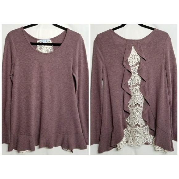She and Sky Sweaters - SHE + SKY light knit sweater ruffle lace back GUC